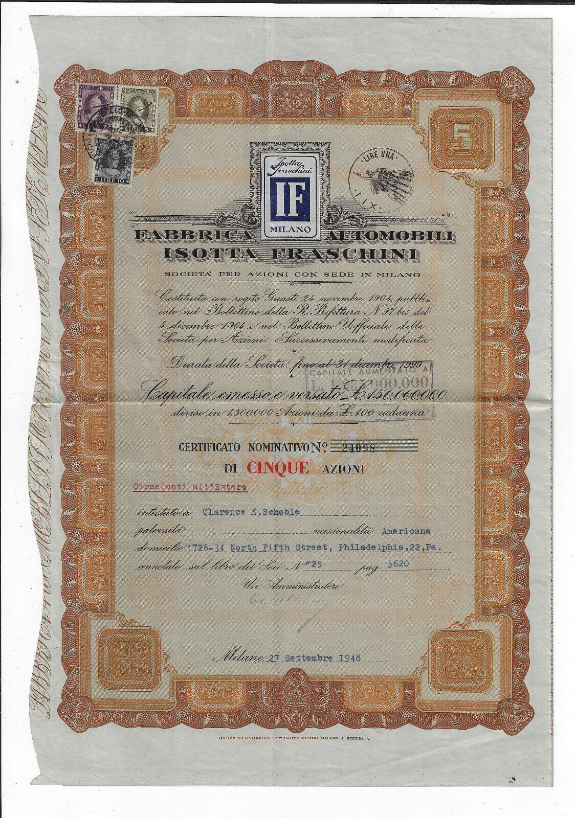 Italy 1948 Fabbrica Automobili Isotta Fraschini Bond Stock Certificate Milan