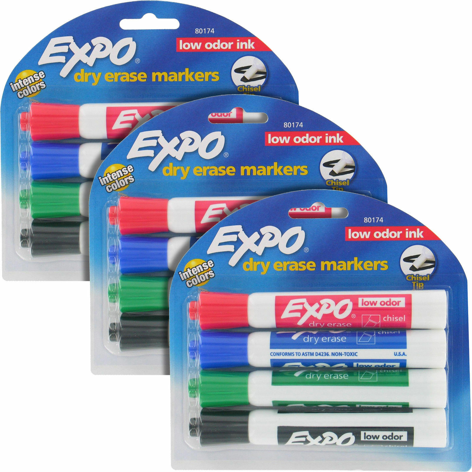 Expo Tank-style Dry Erase Markers, Low Odor, Chisel Tip, Assorted 3 Packs 80174