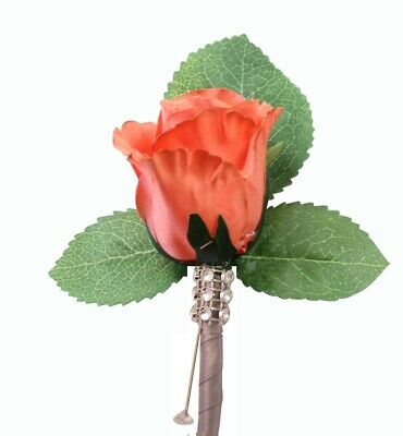 Boutonniere-coral Rosebud With Gray Ribbon.bling-silk Flower Prom Wedding